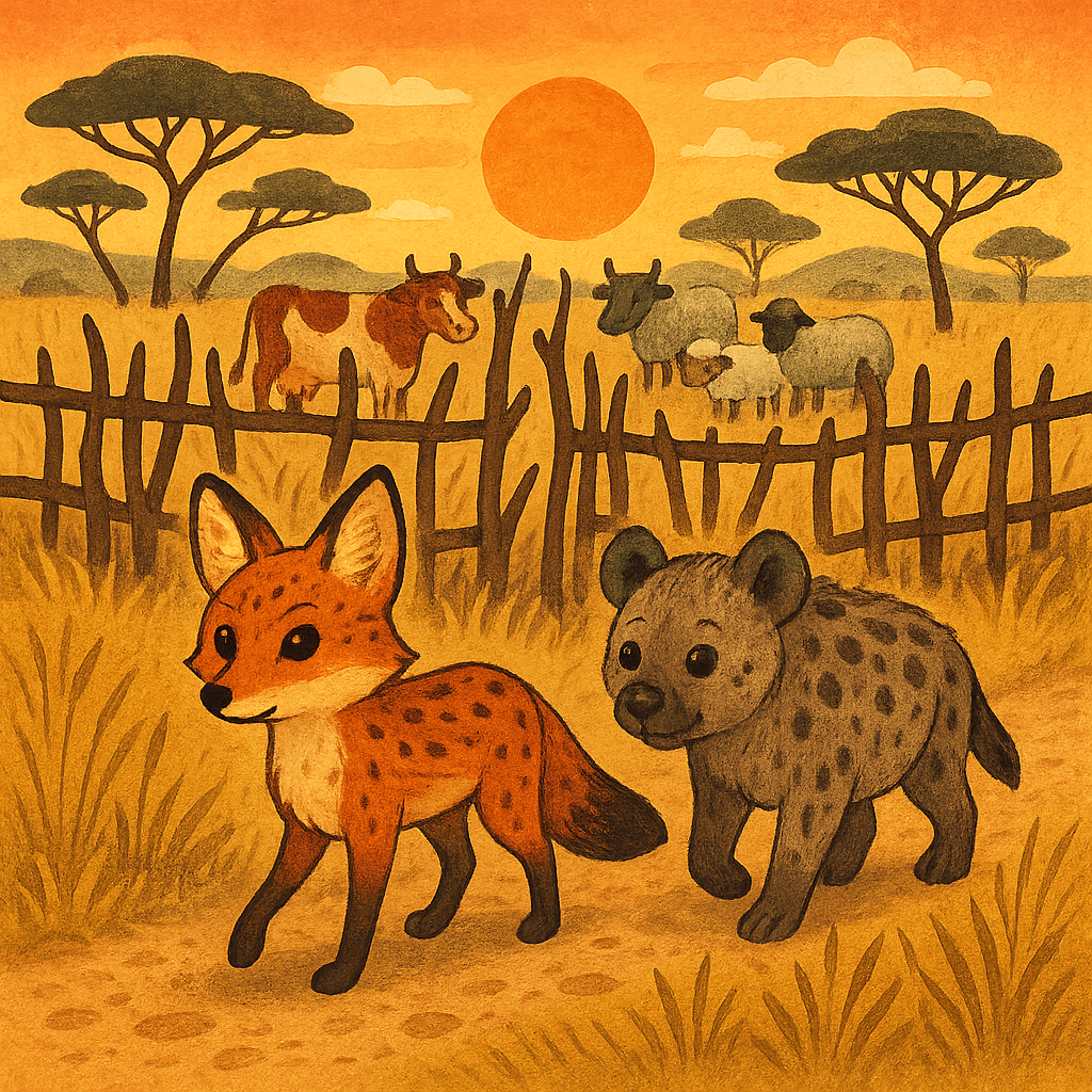 Лиса и гиена смотрят на загон с коровами и овцами среди африканской саванны