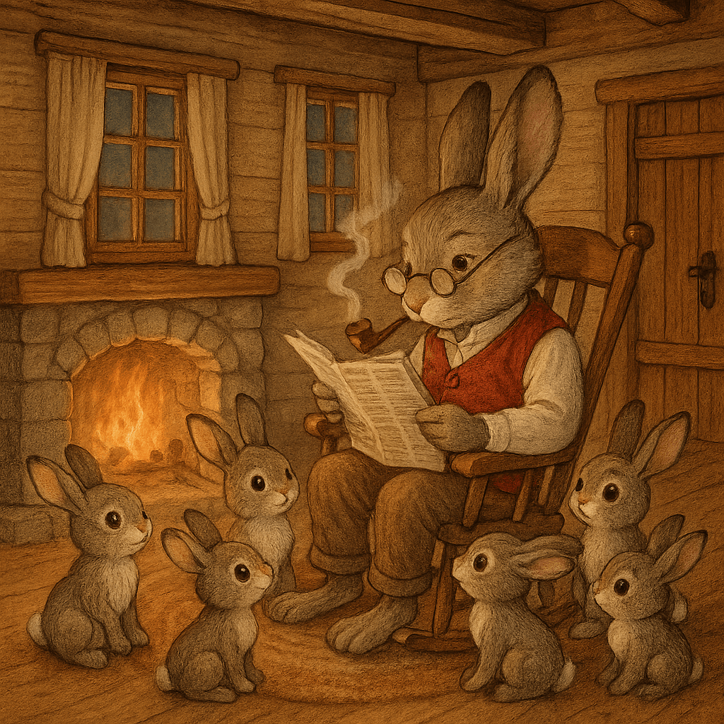 Кролик в уютной комнате с крольчатами, читает газету у камина
