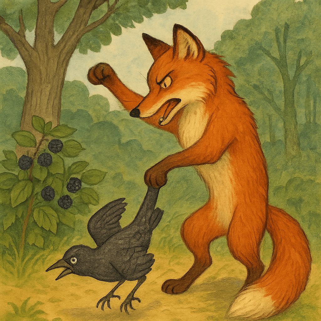 Братец Лис держит Сарыча за хвост, готов бросить, но Сарыч вырывается