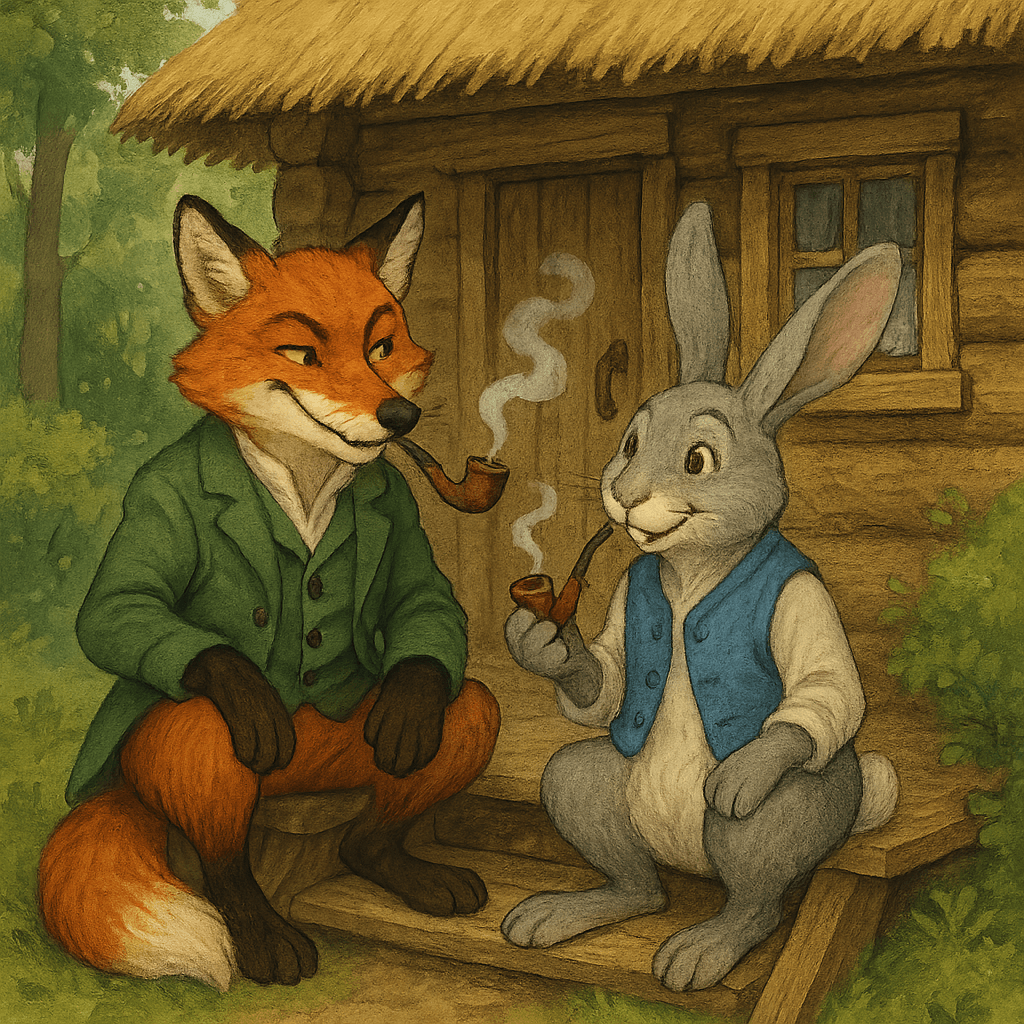 Братец Лис и Братец Кролик мирно беседуют и курят трубки возле домика на фоне леса.