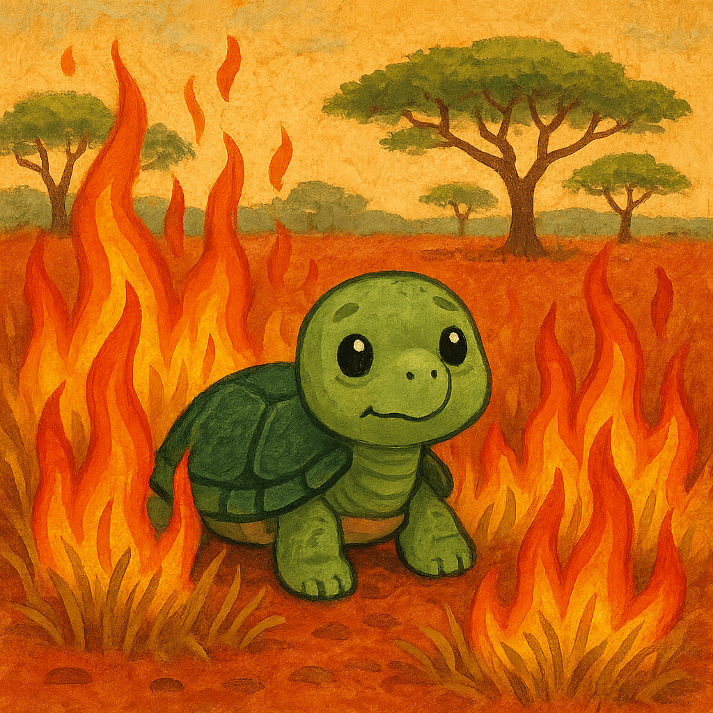 Черепаха испуганно сидит в траве, огонь подбирается всё ближе.