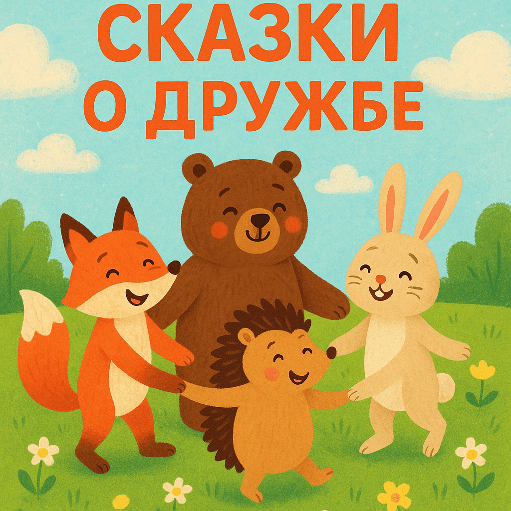 Дружелюбные животные держатся за руки на поляне — символ дружбы и взаимопомощи. Яркая детская иллюстрация.