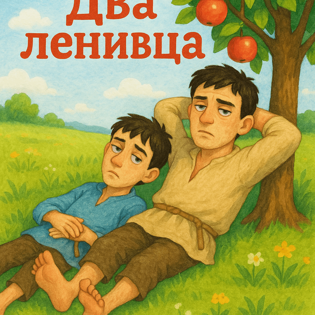 Два ленивых брата под яблоней на лугу — обложка для сказки. Яркая детская книжная иллюстрация.