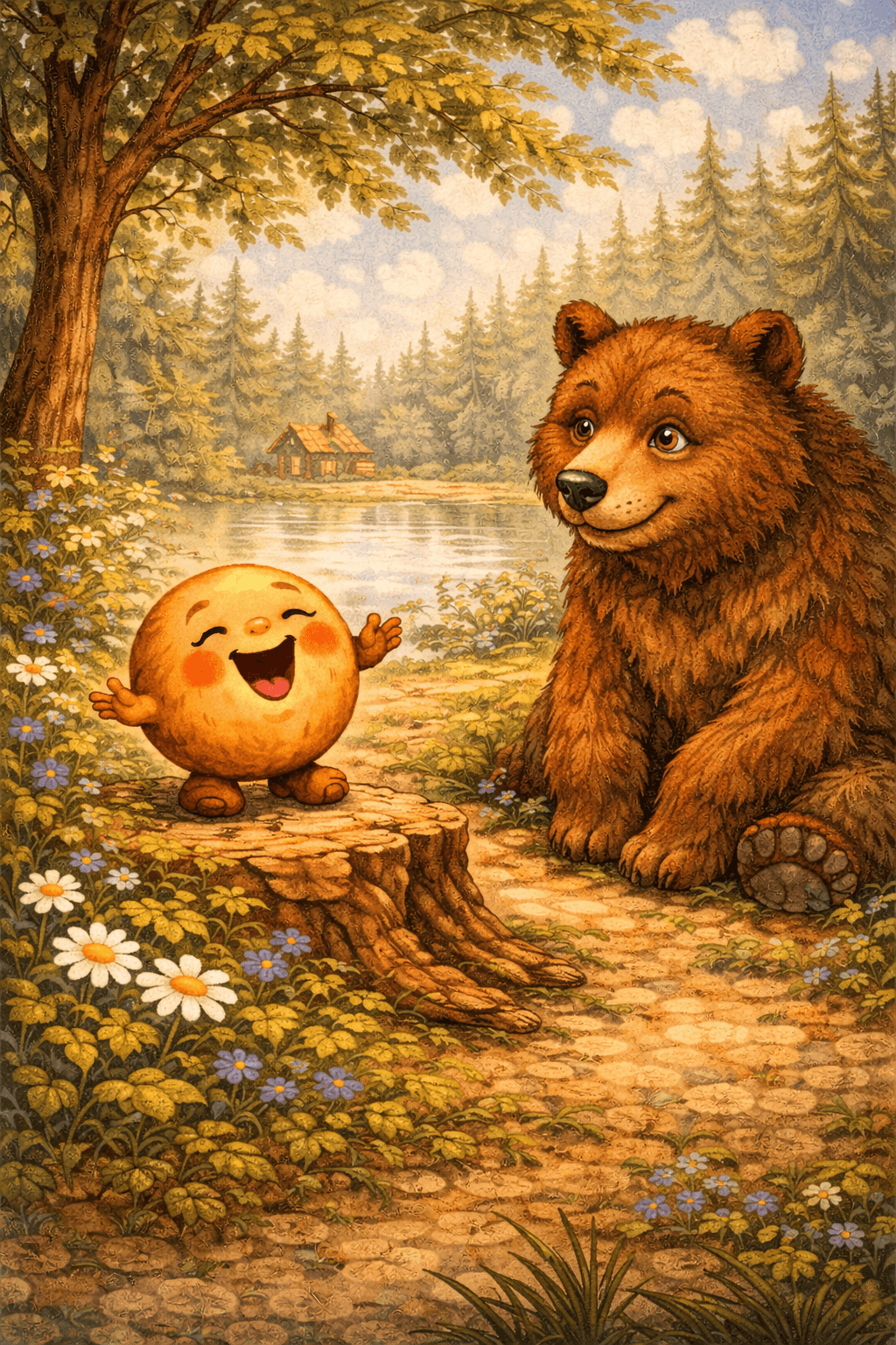 Встреча Колобка с медведем на лесной тропинке