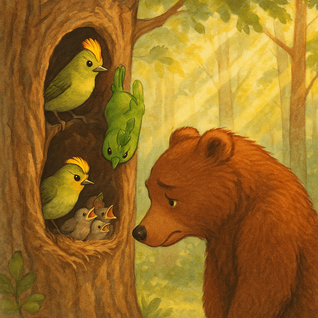 Медведь просит прощения у семьи корольков у дерева