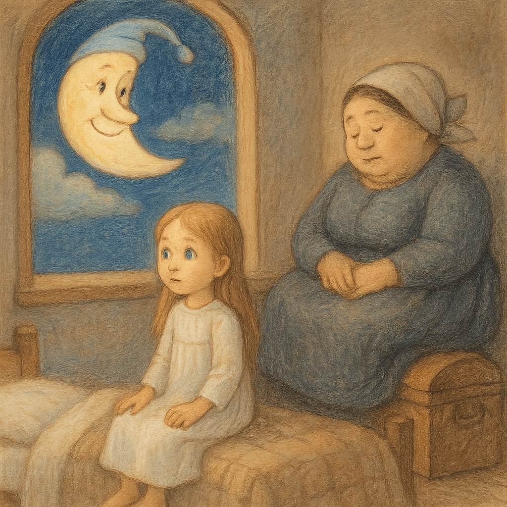 Маша сидит на кровати, за окном уходит месяц, нянька на сундуке