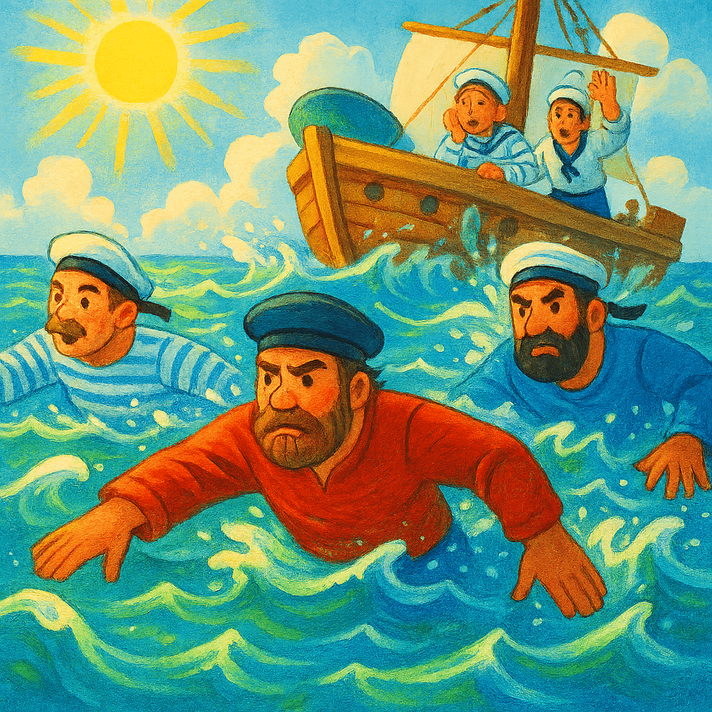 Матросы ищут мальчика в море.