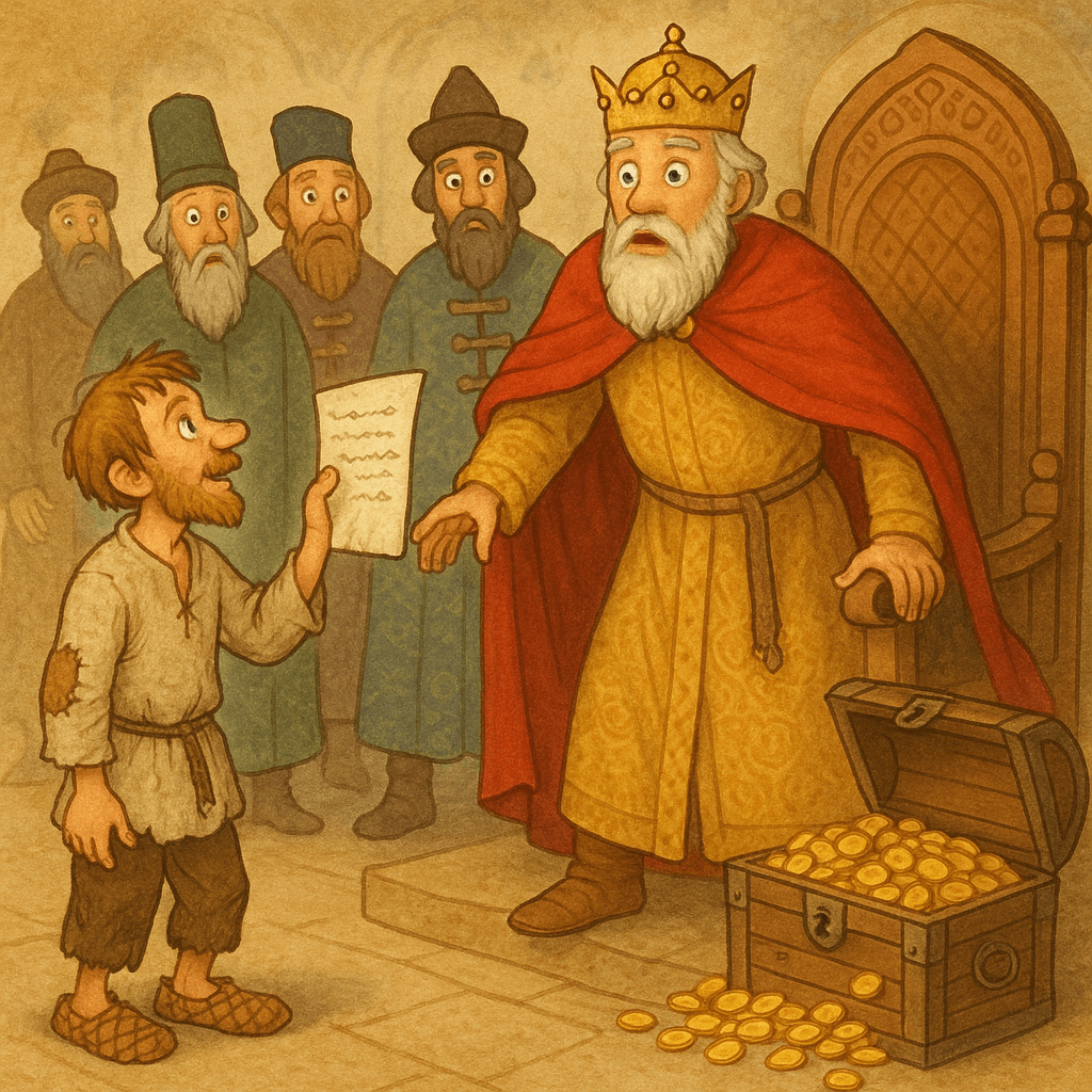 Мужик с грамотой требует долг у царя