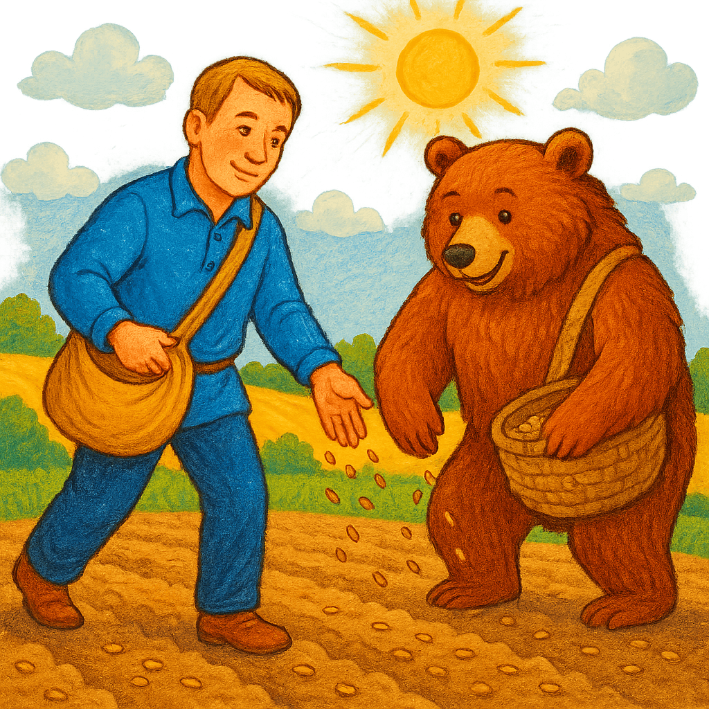 Мужик и медведь вместе сеют пшеницу