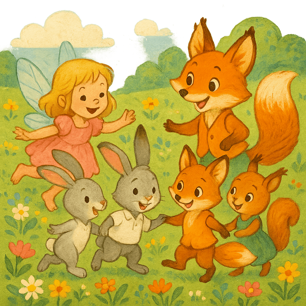 Феечка, Зайчик, Лисичка и Белочка играют на поляне