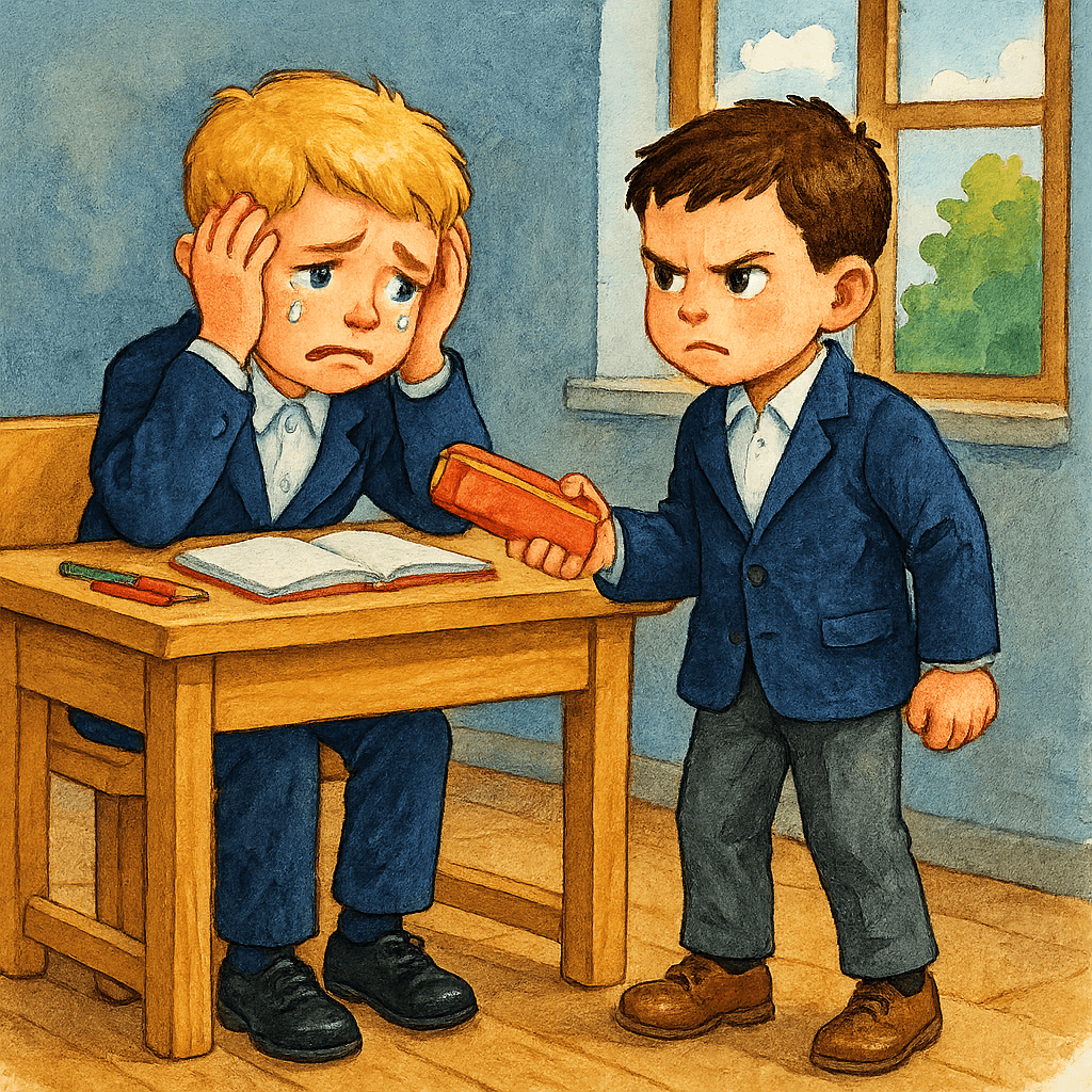 Мальчик плачет, держась за голову; другой злится, стоит рядом с пеналом.