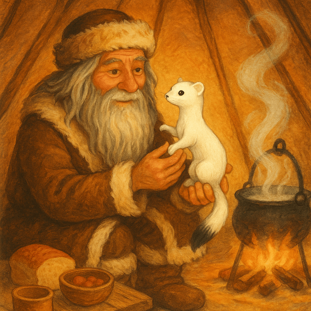 Старик ухаживает за выздоравливающим белым горностаем