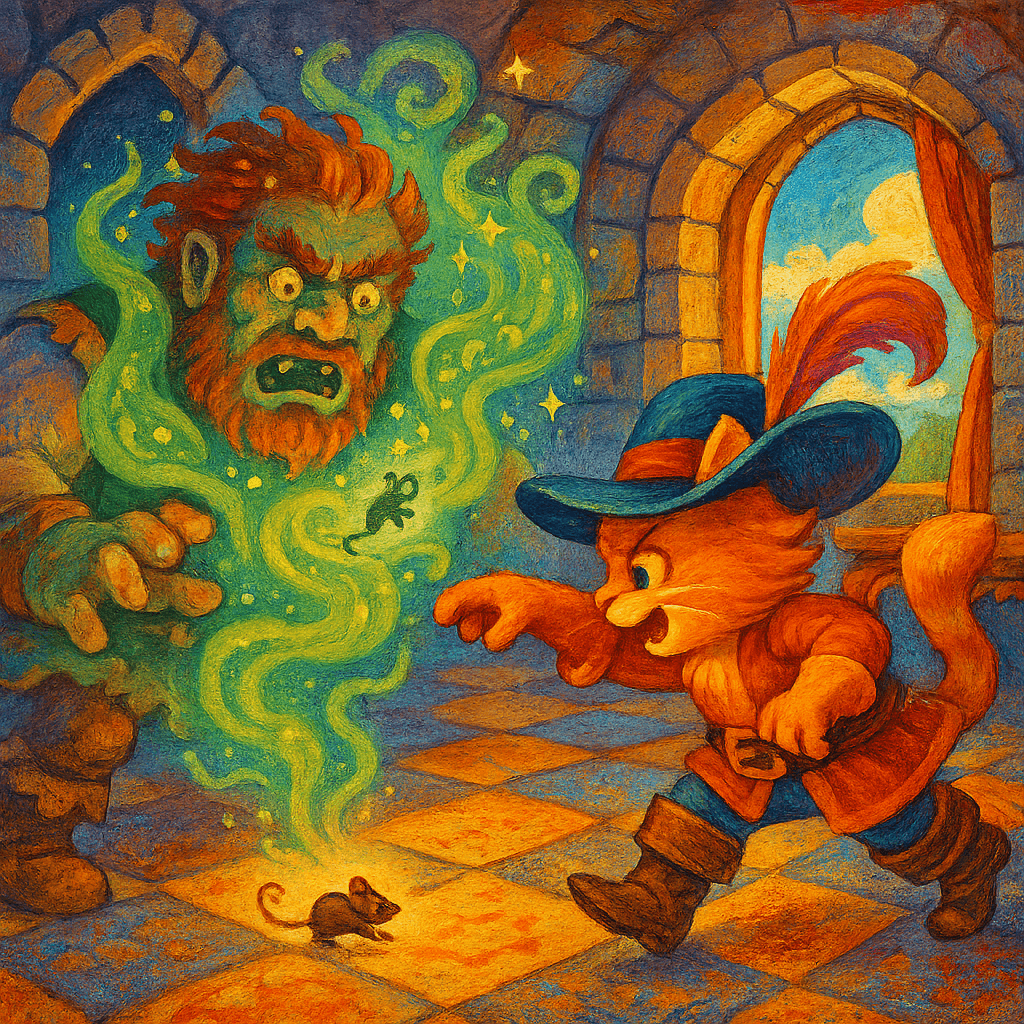 Людоед становится мышью, Кот в сапогах ловит и съедает его