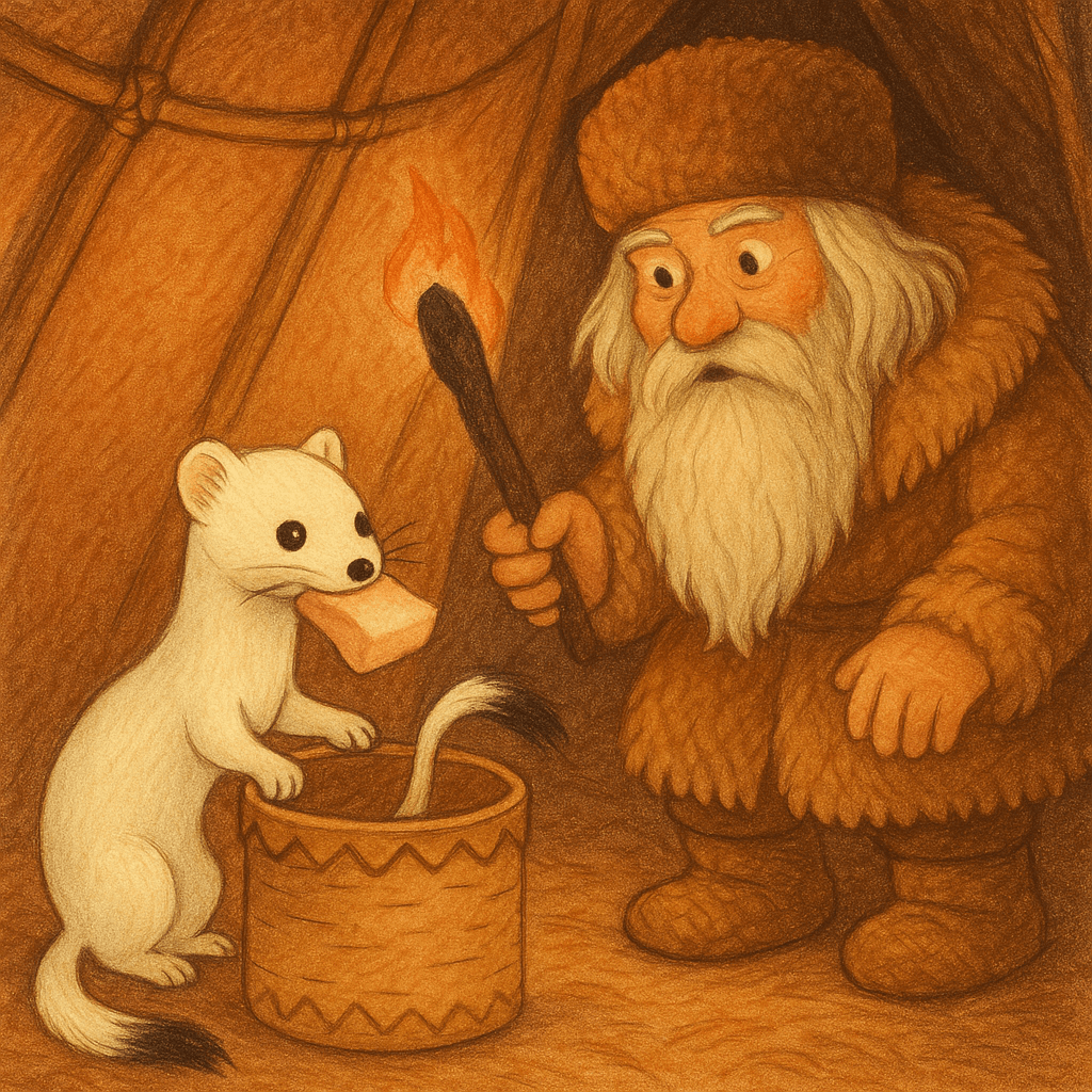 Горностай ворует сало старик входит с головешкой