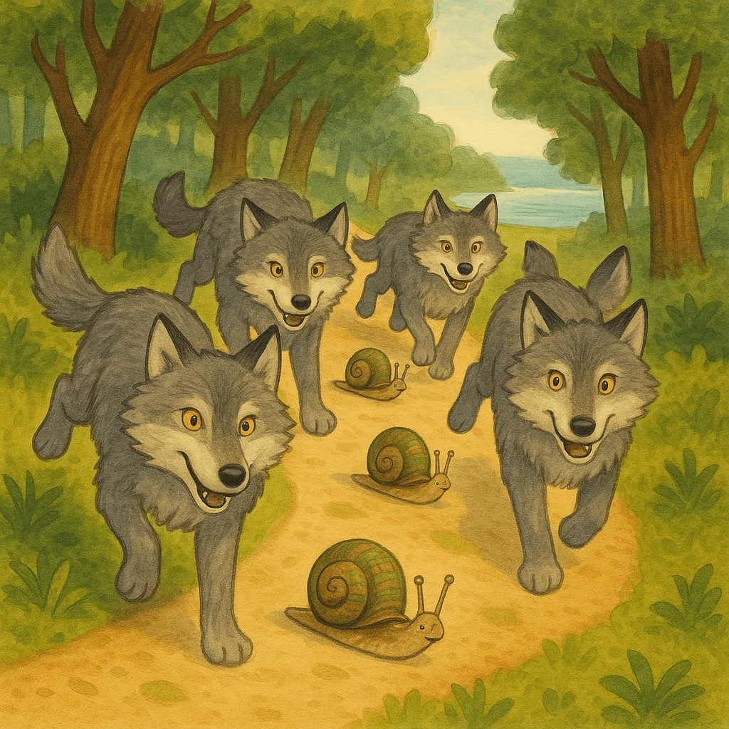 Волки бегут по дорожке, улитки вдоль пути