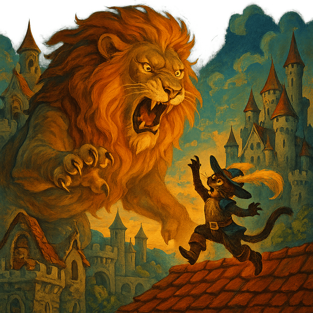 Людоед превращается в льва перед Котом, кот на крыше